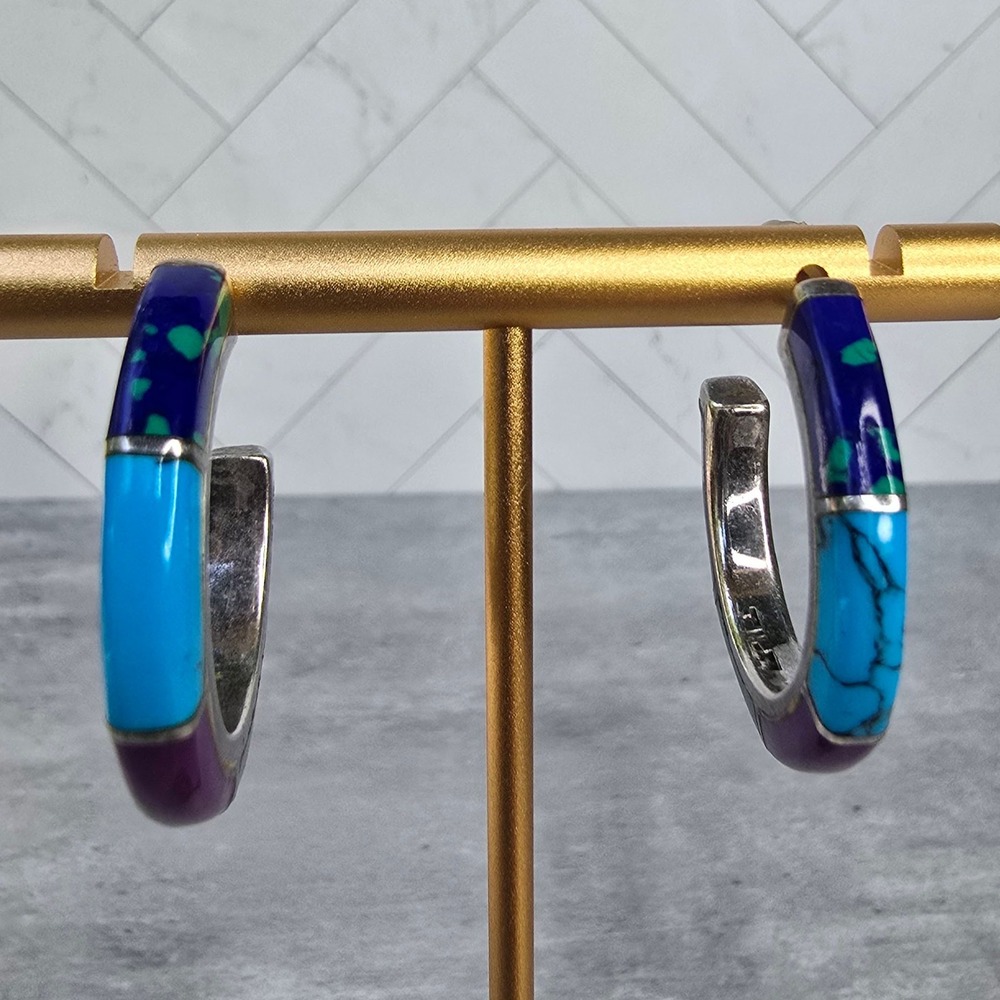 Mexico 950 Silver Multi Stone Inlay Hoop Earrings TN-57 Turquoise Malachite 14g - Picture 3 of 14